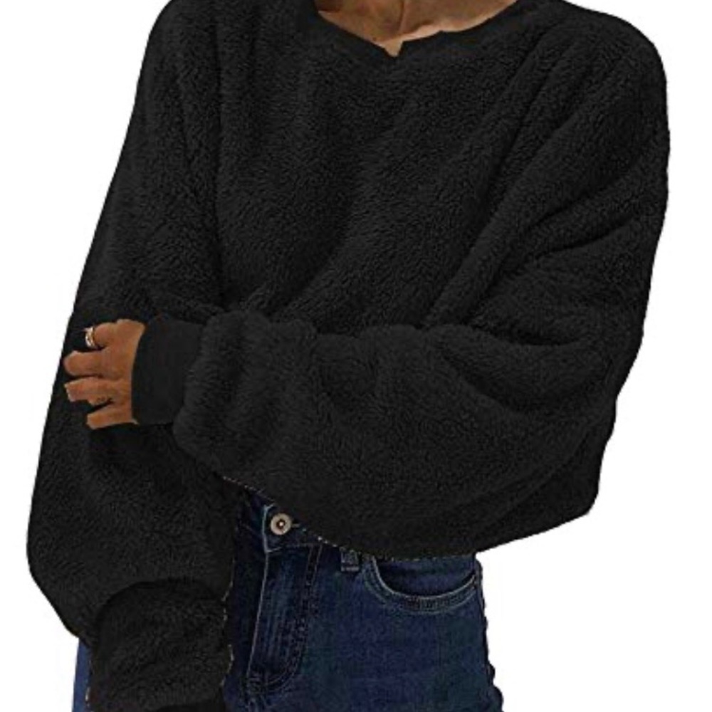 Teddy Black Sherpa Crop Top Sweatshirt